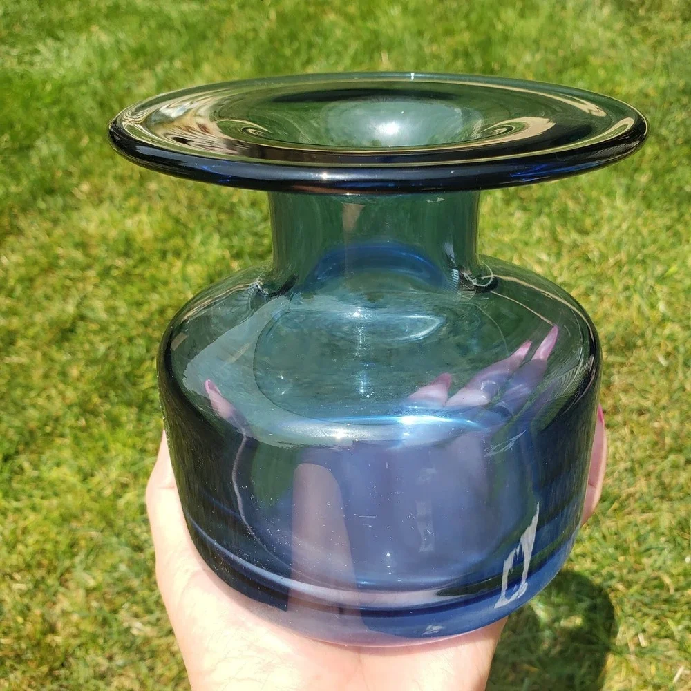Denizli 18425 Cobalt Blue Hand Blown Glass Wide Rim Vase Turkey Art‎ Glass